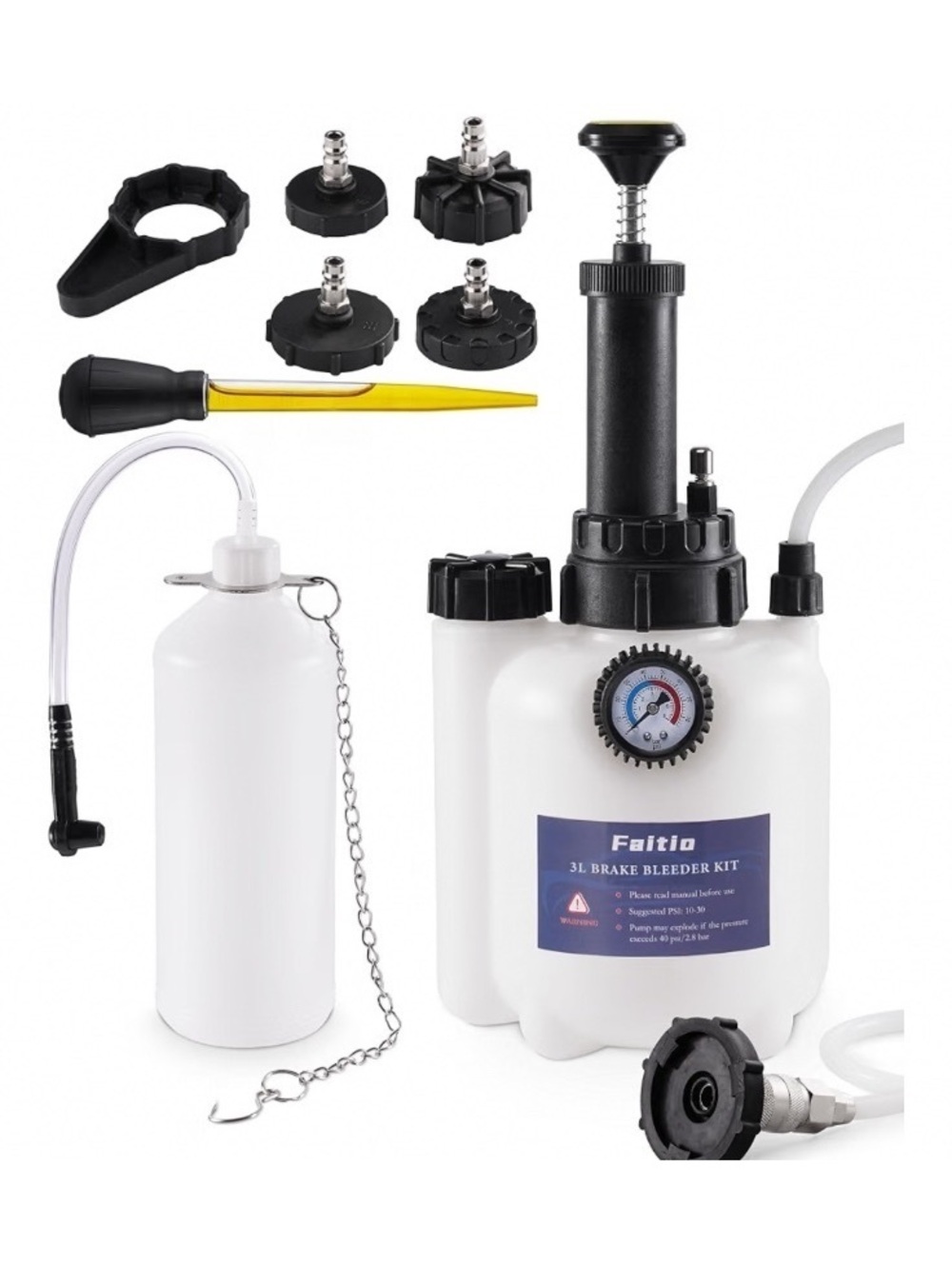 FAITIO 3L Brake Fluid Bleeder Kit Pressure Pump w/ 1L Catch Bottle & Adapters